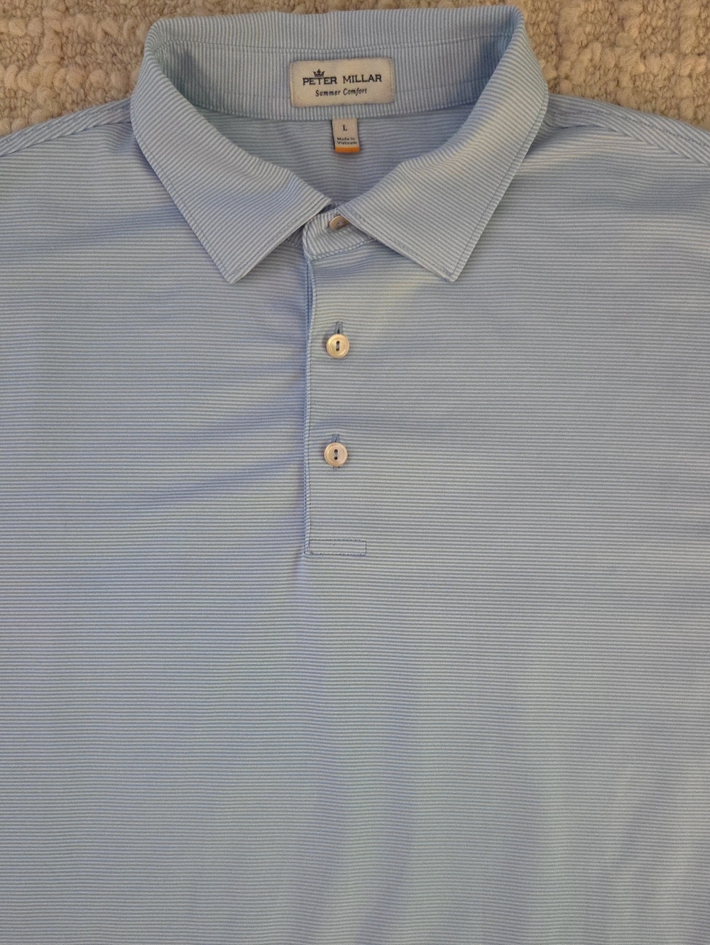 Peter Millar Summer Comfort Performance Polo Shirt Blue White Stripe Mens L